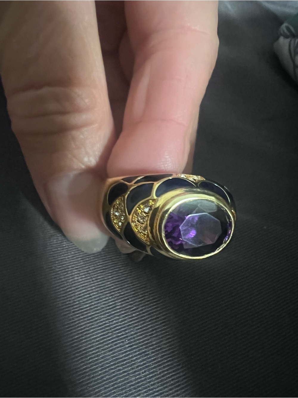 Joan Rivers cocktail Ring with amethyst & abalone Enamel